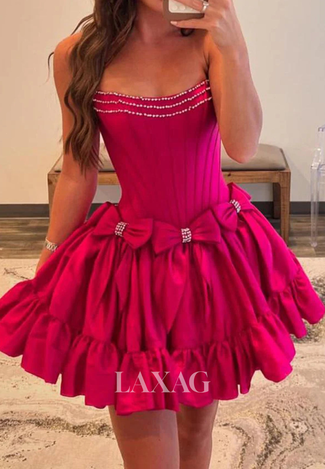 Scoop-Neck Sleeveless Beaded Pleated Satin A-Line Party Homecoming Dress with Bows