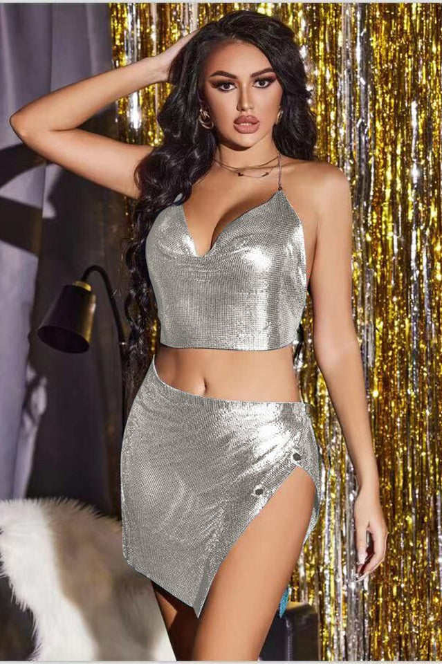 Metallic Chainmail Cowl Neck Halter Crop Top and Split Mini Skirt Two Piece Set 6