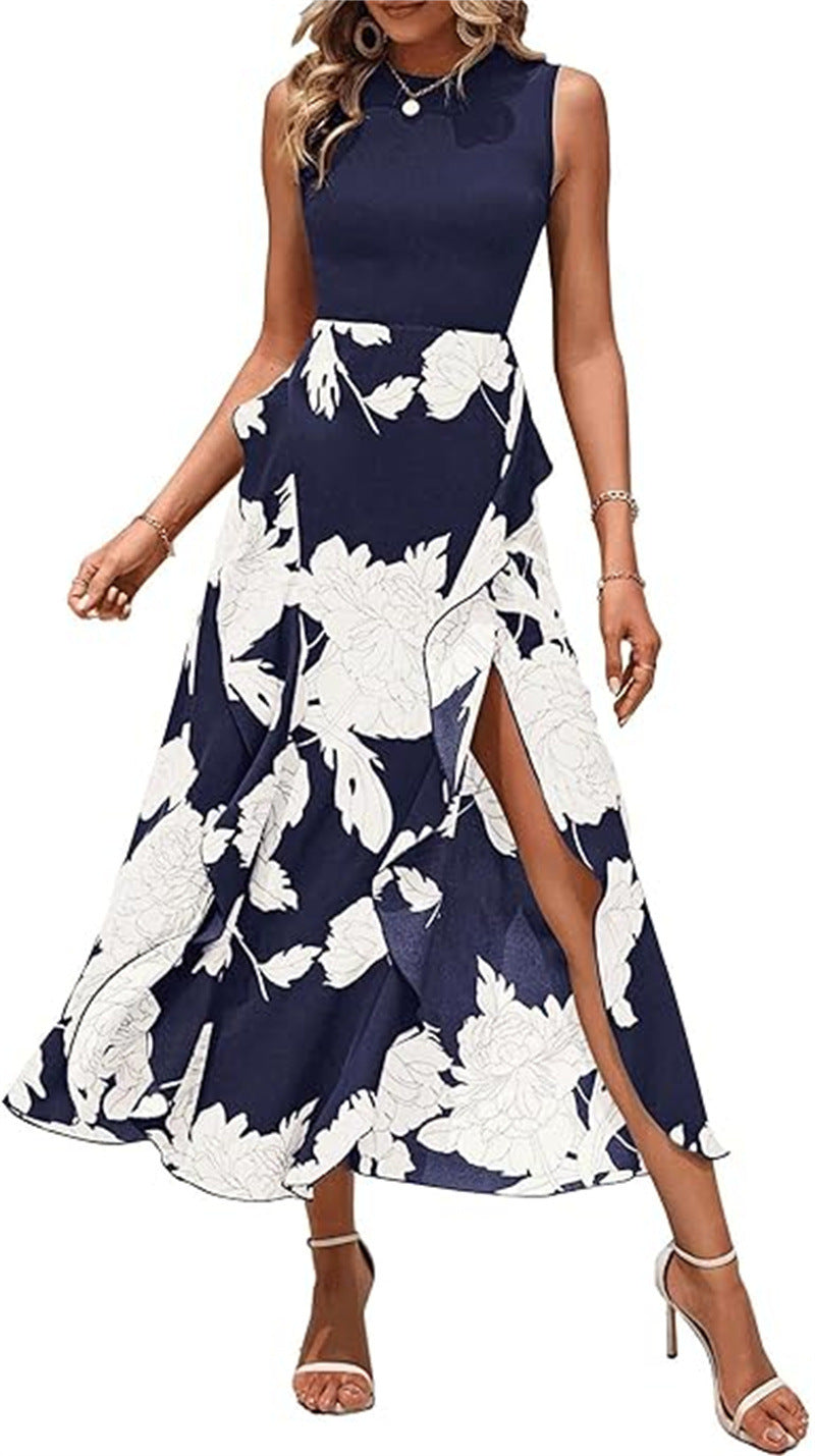 Elegant printed sleeveless midi dress Navy
