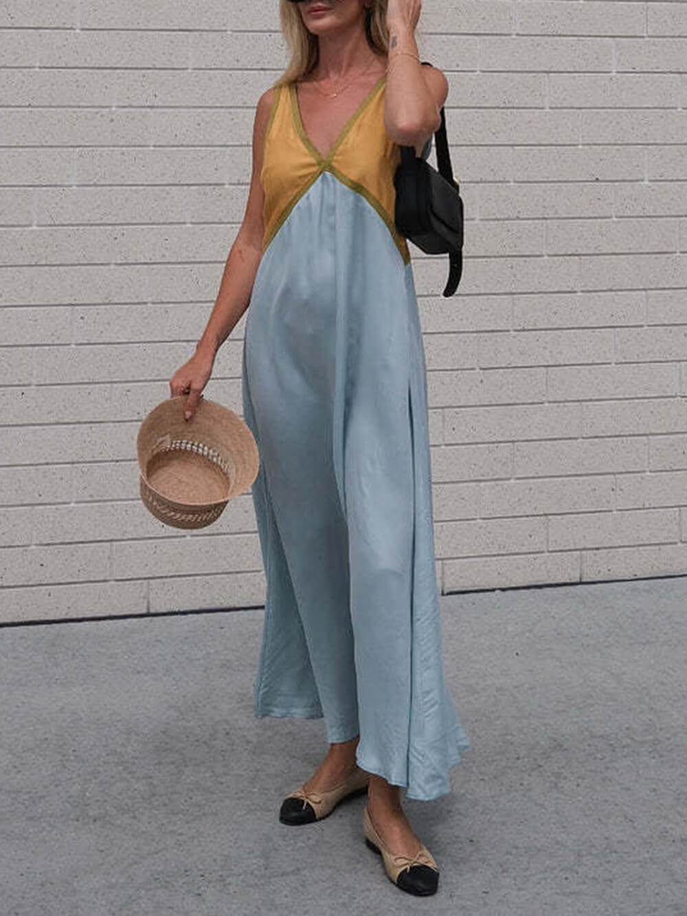 Splicing Chic V - neck Contrasting Color Dress