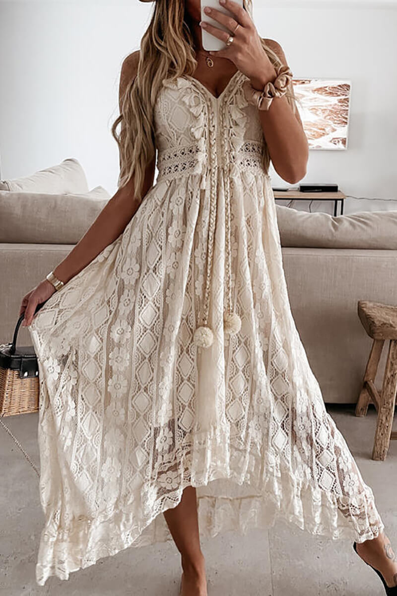 Boutique Mandy Lace and Ruffle Mullet Midi Dress Chic Silhouette Collection