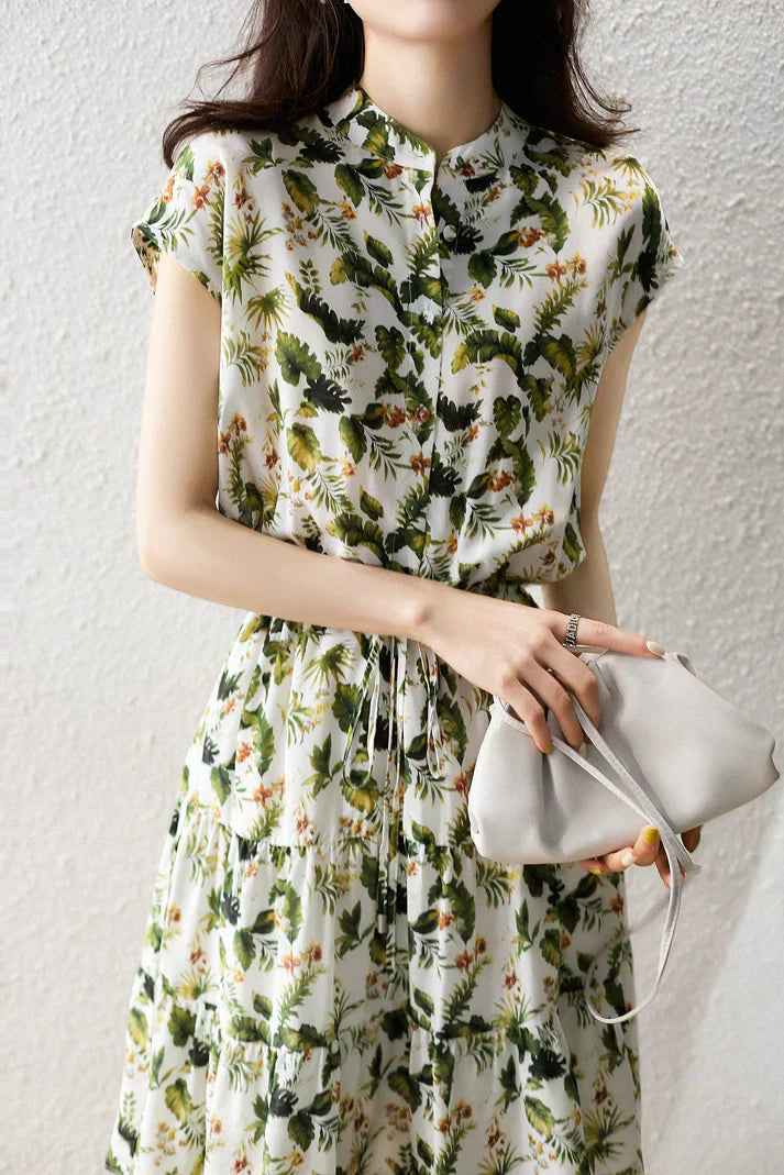 Tropical Floral Print Mandarin Collar Button Front Drawstring Tiered Maxi Dress