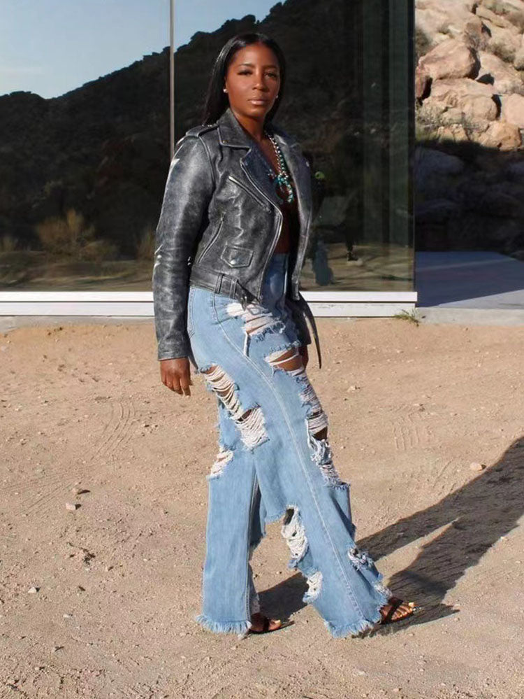 Ripped Distressed High Waist Raw Hem Wide Leg Jeans 4
