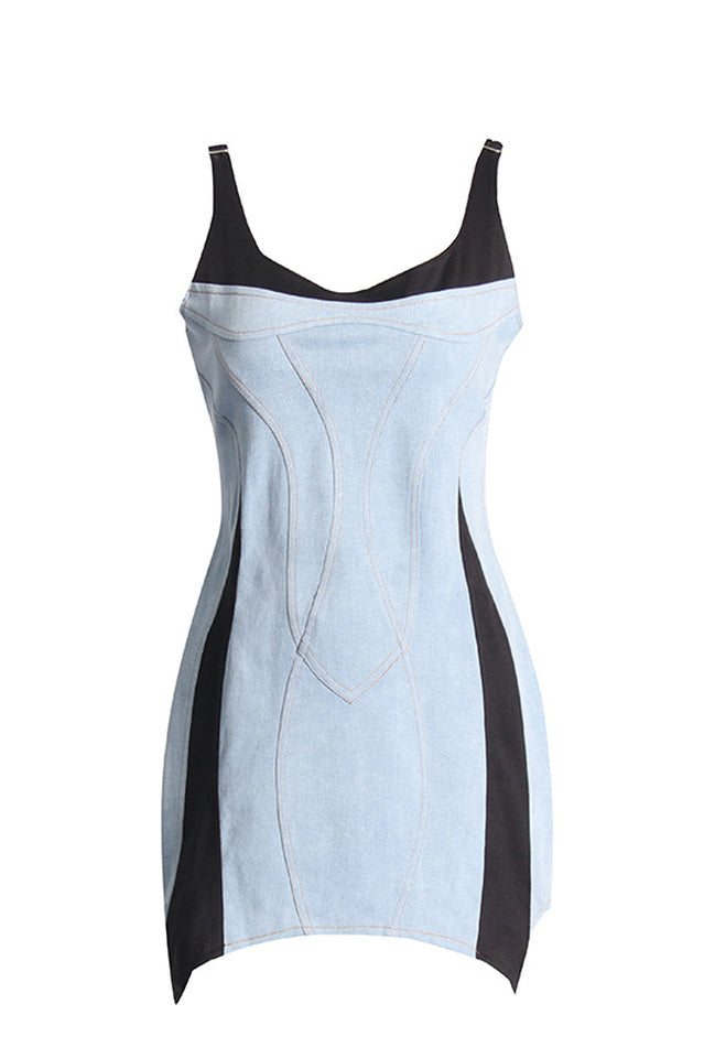 Bi-Material Spiral Denim Dress