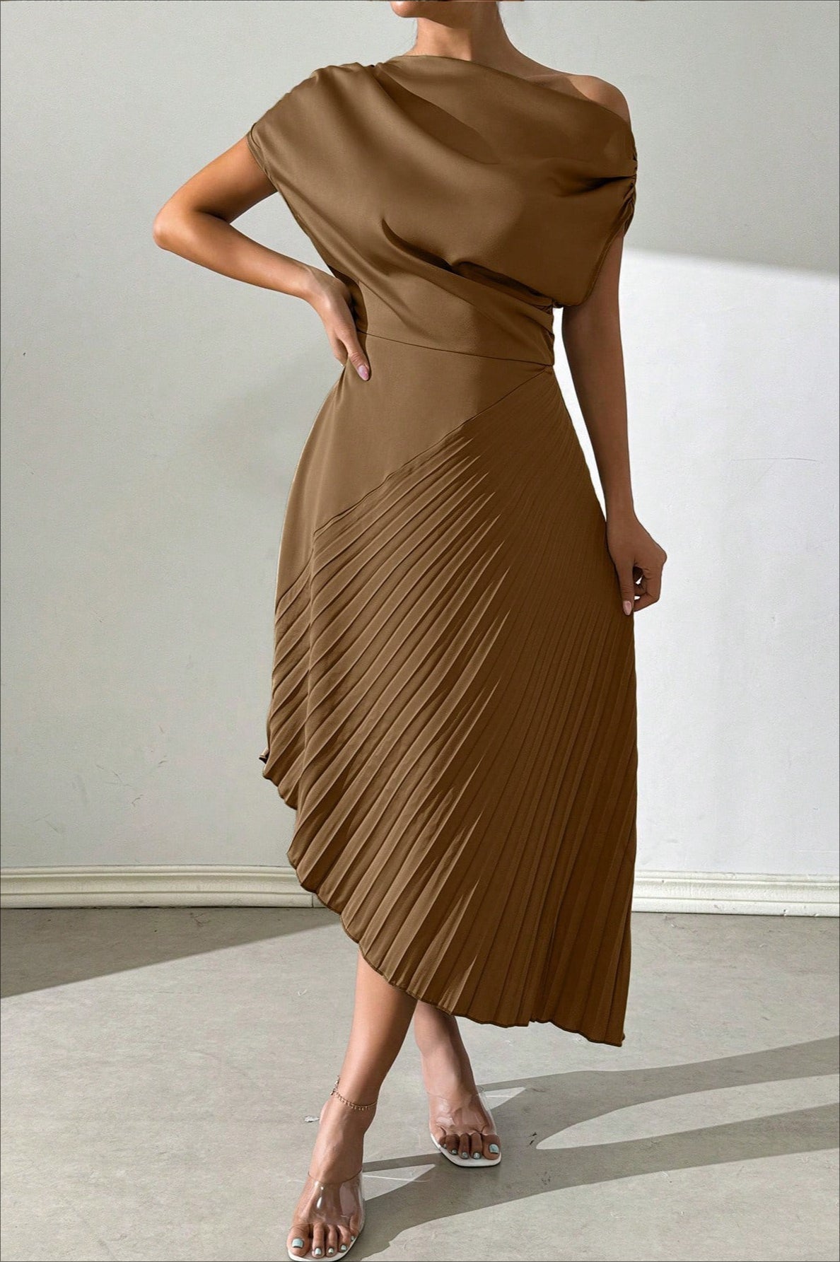 Satin One Shoulder Ruched Pleated Asymmetric Midi Dress