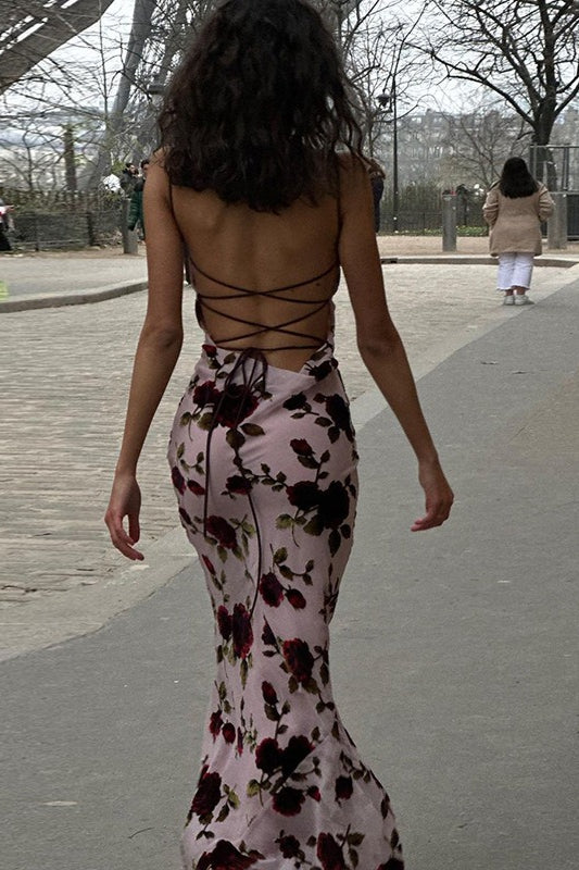 Floral Print Square Neck Spaghetti Strap Bodycon Maxi Dress