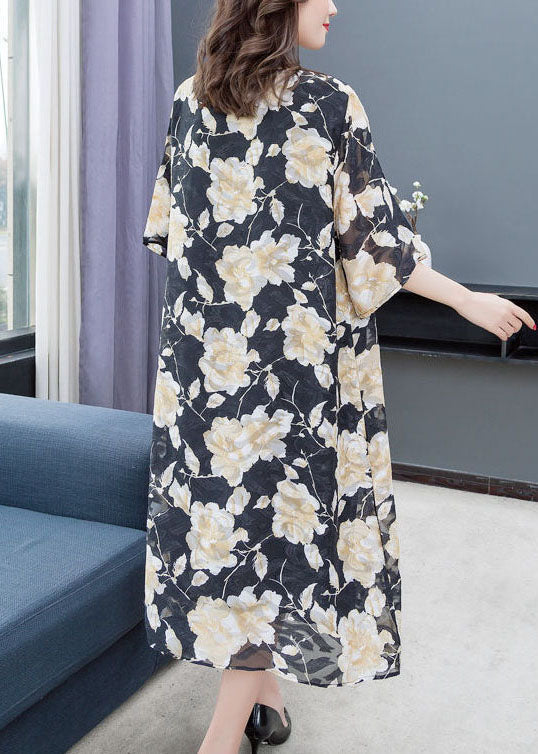 Floral Lace Trim Elbow Sleeve Round Neck Shift Midi Dress