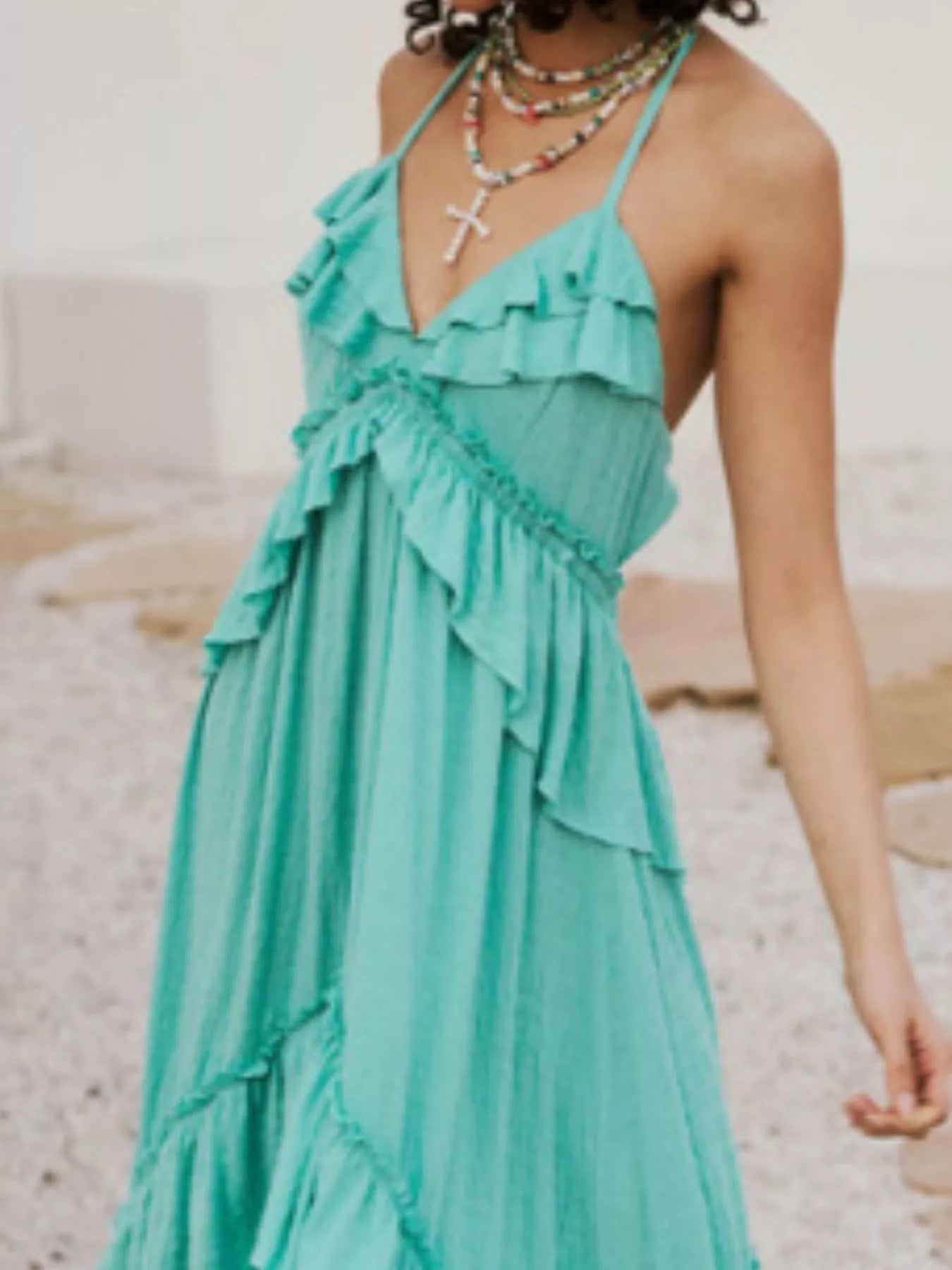 Halter Neck Deep V-Neck Ruffle Tiered Backless Maxi Dress 31