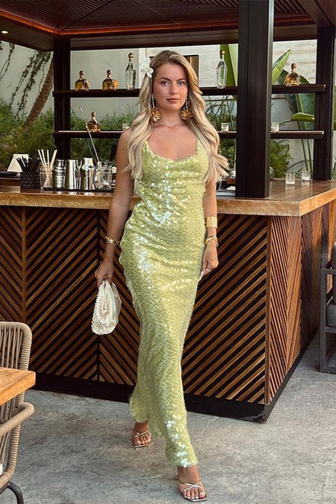 Sequin Spaghetti Strap Scoop Neck Backless Bodycon Maxi Dress