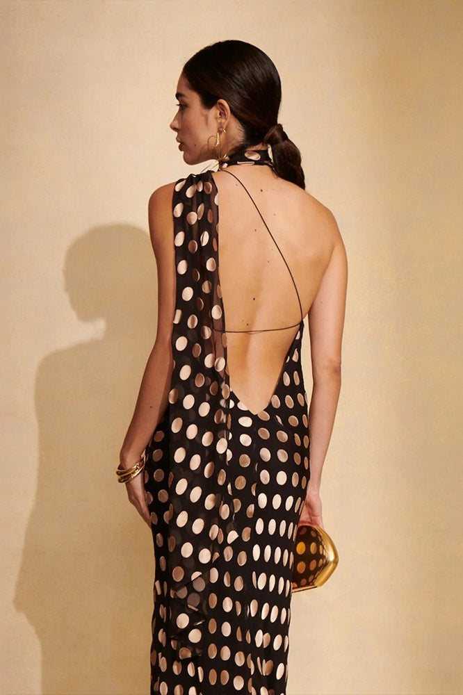 Graceful Polka Dot Backless Halter Maxi Dress