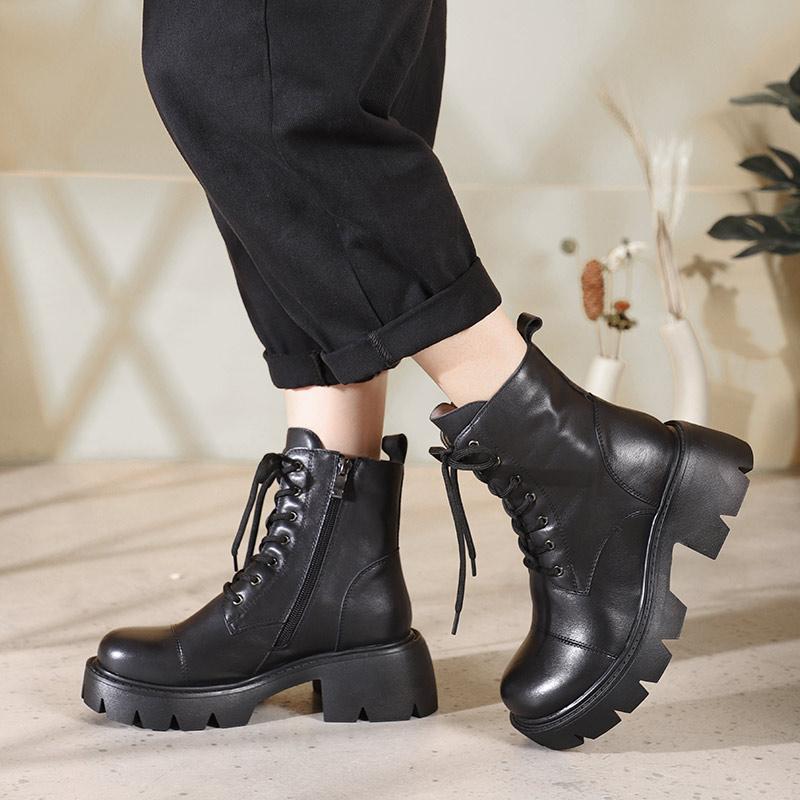 Genuine Leather Boots Lace-Up Combat Boots Retro Chunky Ankle Boots