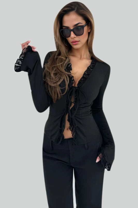 Flare Sleeve Tie Front Long Sleeve Top