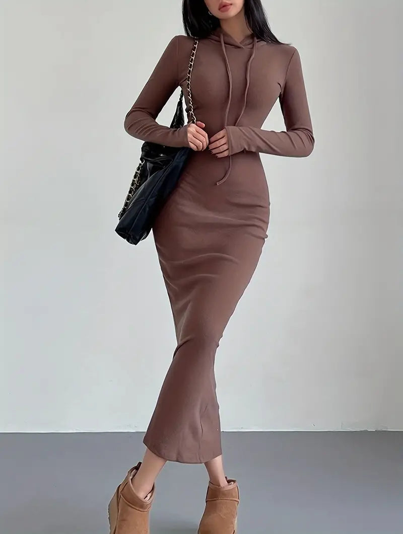 Hooded Drawstring Long Sleeve Bodycon Maxi Dress 3