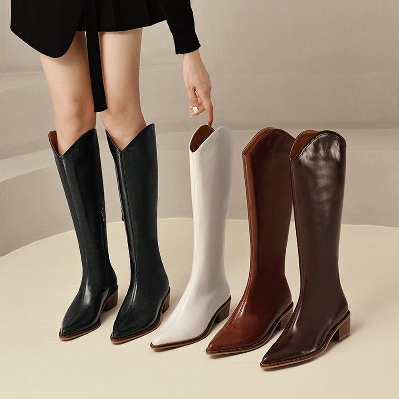 Cowboy Boots Women Handmade Genuine Leather Black/Beige/Brown/Coffee- Knee High Boots Side Zipper