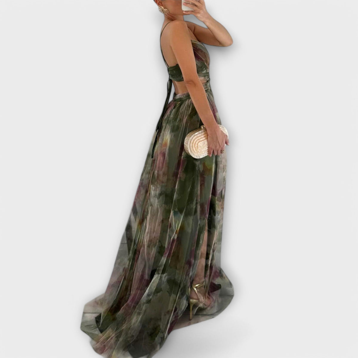 Strapless Sweetheart Floral Print High Split Tulle Maxi Gown