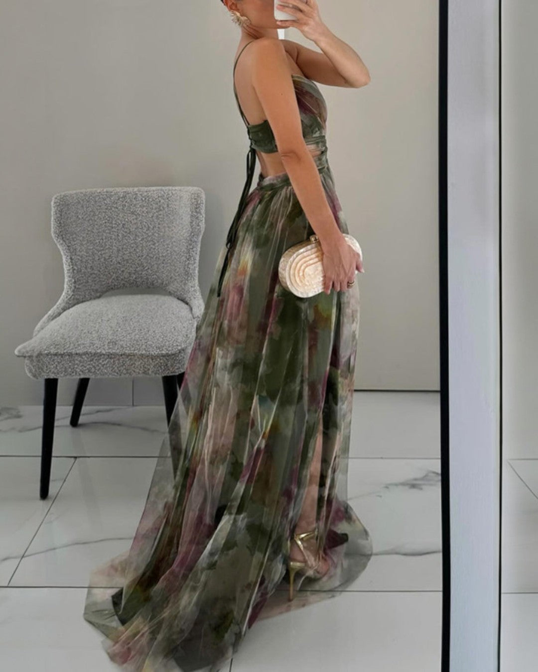 Watercolor Floral Print V-Neck Spaghetti Strap Flowy Maxi Dress