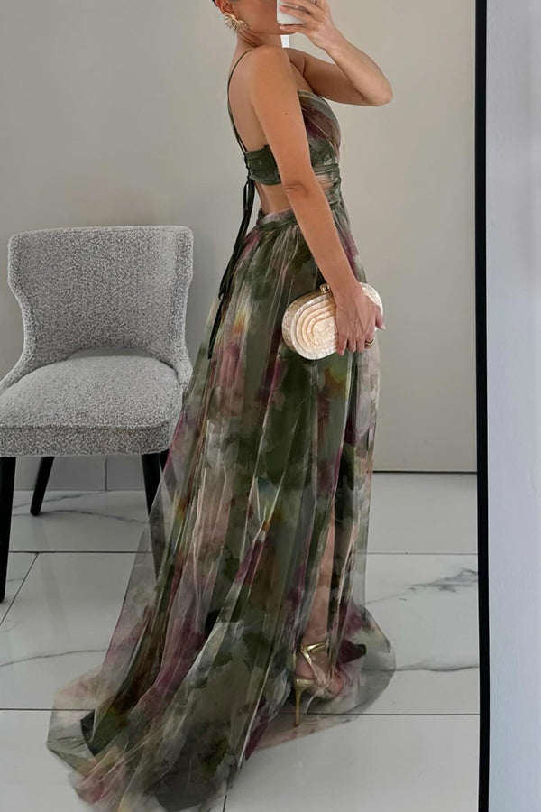 Floral Print Tulle V-Neck Spaghetti Strap High Split Maxi Gown