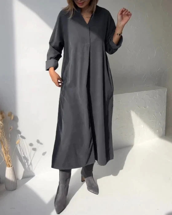 Oversized V-Neck Long Sleeve Relaxed Shift Maxi Dress
