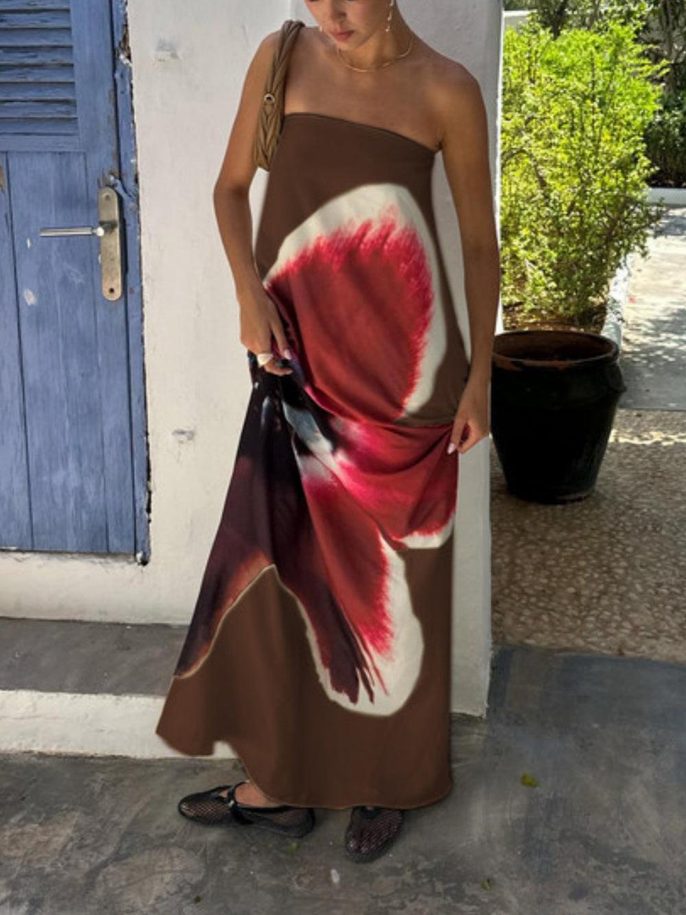 Printed tube top open back high waist dress Brown