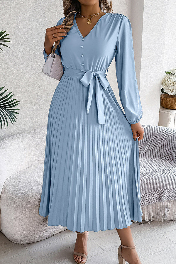 Solid Color Elegant V-neck Buttoned Lace-up Pleated Maxi Dress - View 13