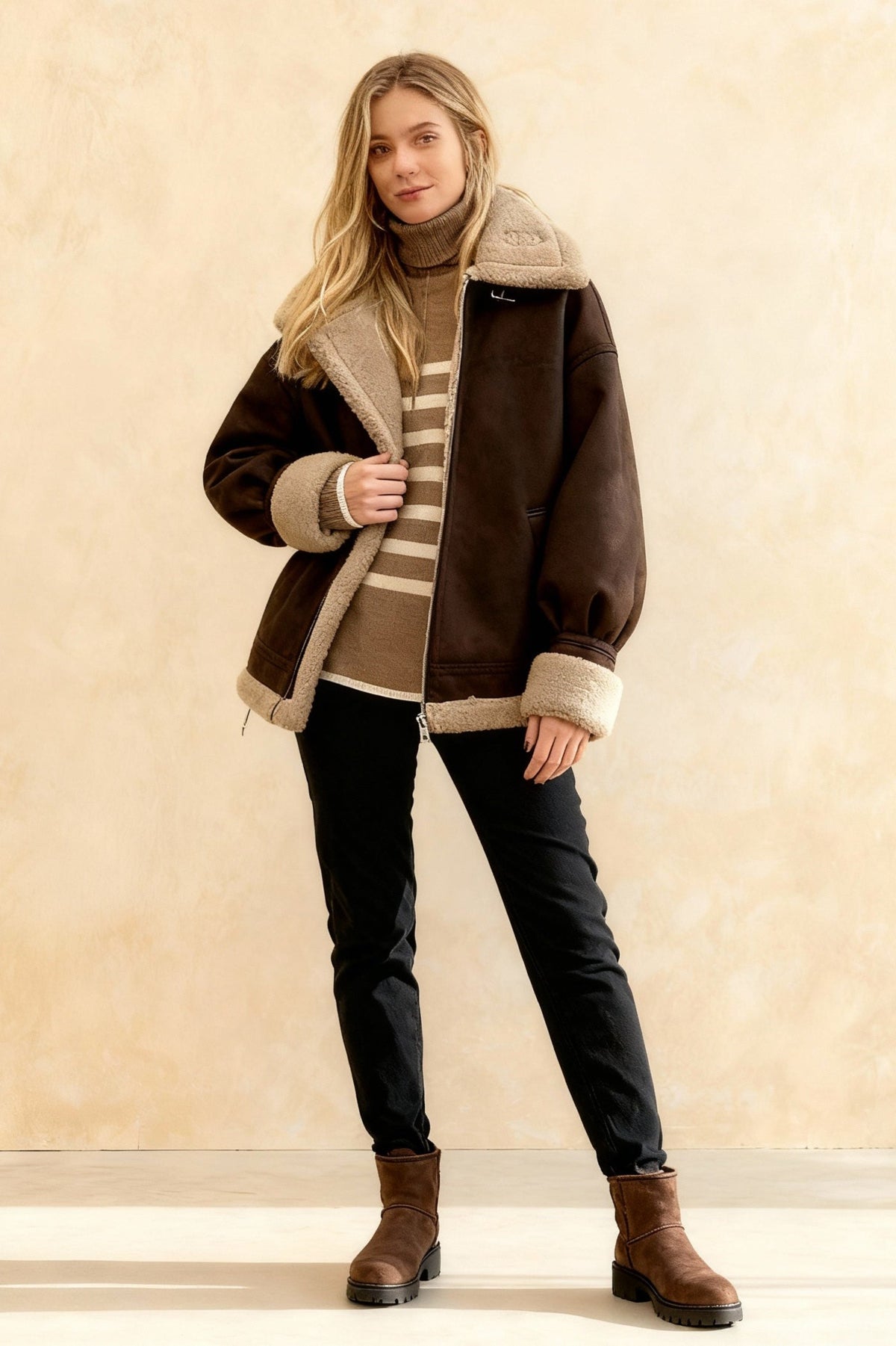 Oversized Faux Suede Sherpa Lined Zip Front Aviator Jacket