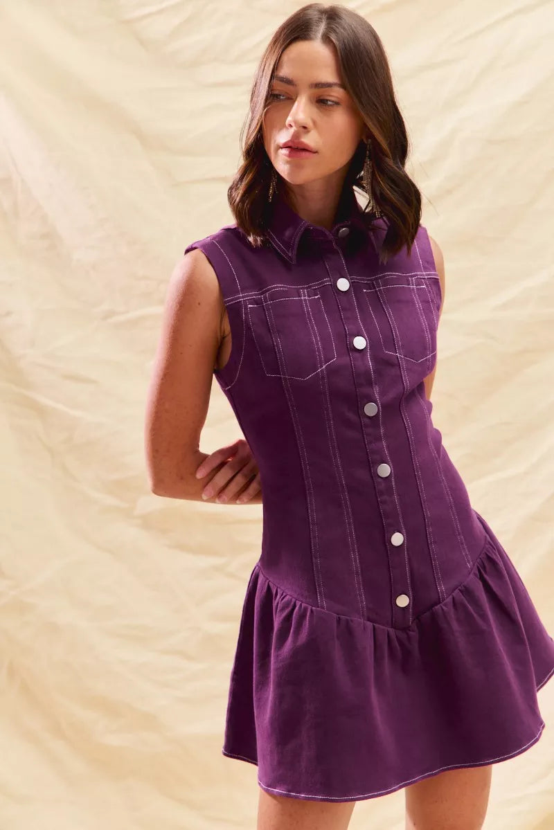 Contrast Stitch Collared Sleeveless Button Front Drop Waist Mini Dress