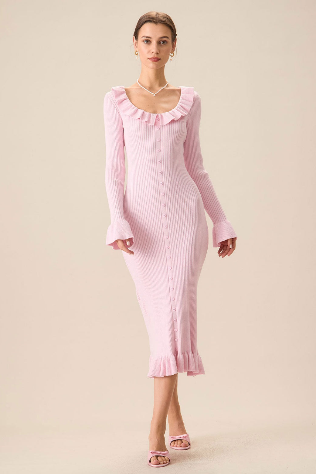 Valerie U Neck Ruffle Midi Knit Dress
