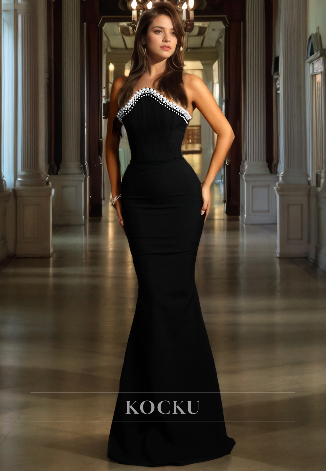 Trumpet Prom Dress Strapless Long Pearls Formal Party Dress