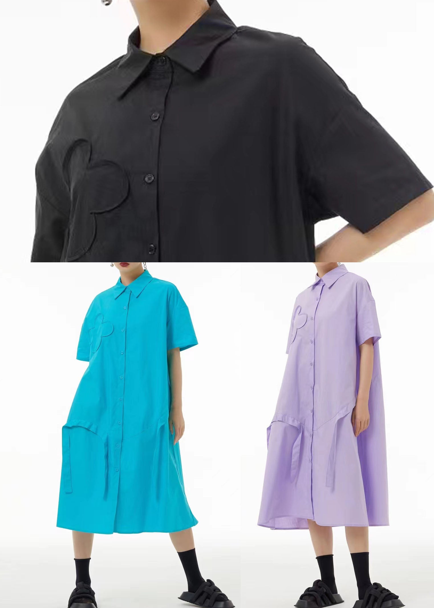 Button Down Short Sleeve Puffy Flower Appliqué Strap Detail Oversized Midi Dress