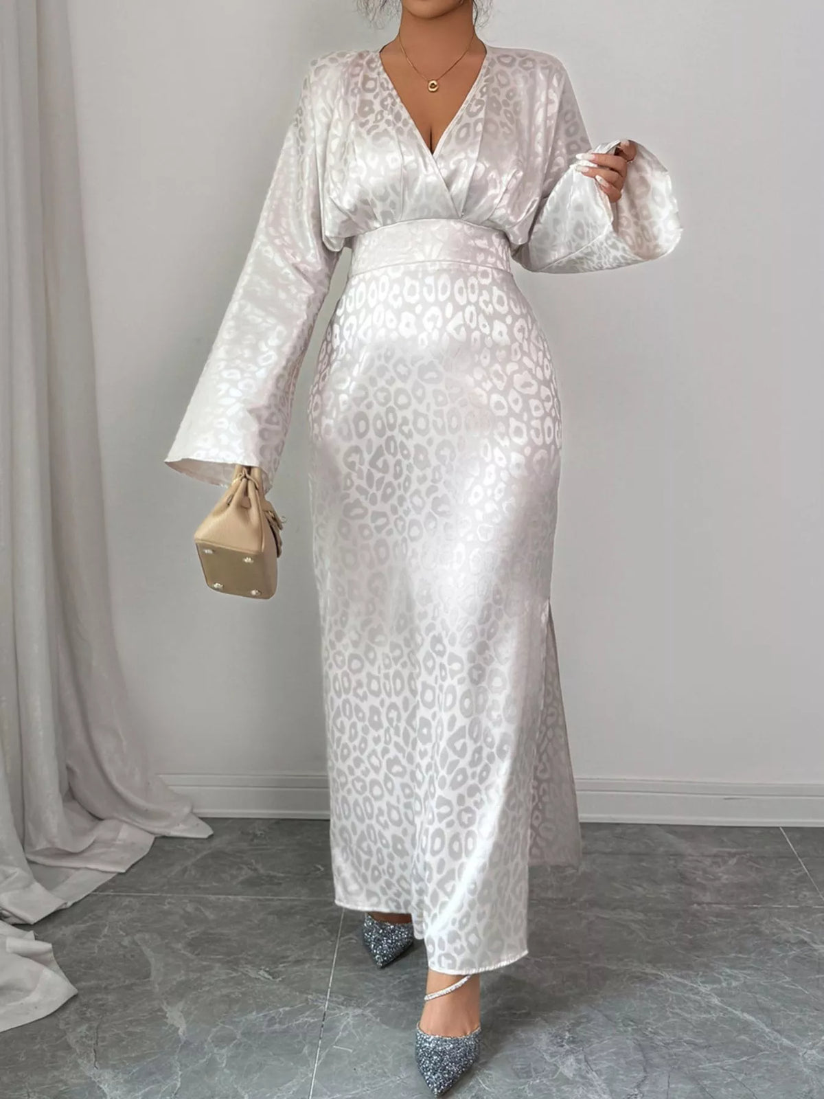 Leopard Satin Jacquard Surplice Long Sleeve Side Split Maxi Dress 4