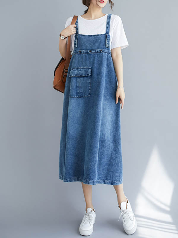 Denim Bib Strap Cargo Pocket Loose Fit Midi Overall Dress