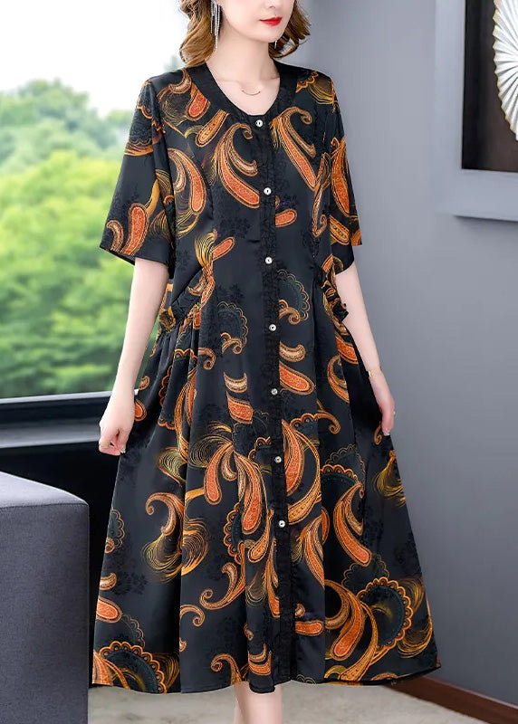 Paisley Print V-Neck Short Sleeve Button Front Side Ruffle A-Line Midi Dress
