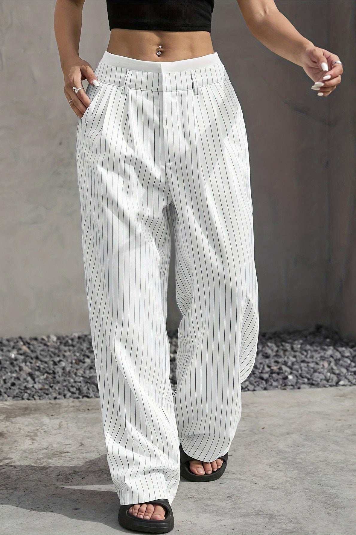 Pinstripe Contrast Waistband Pleated Wide Leg Trousers 7