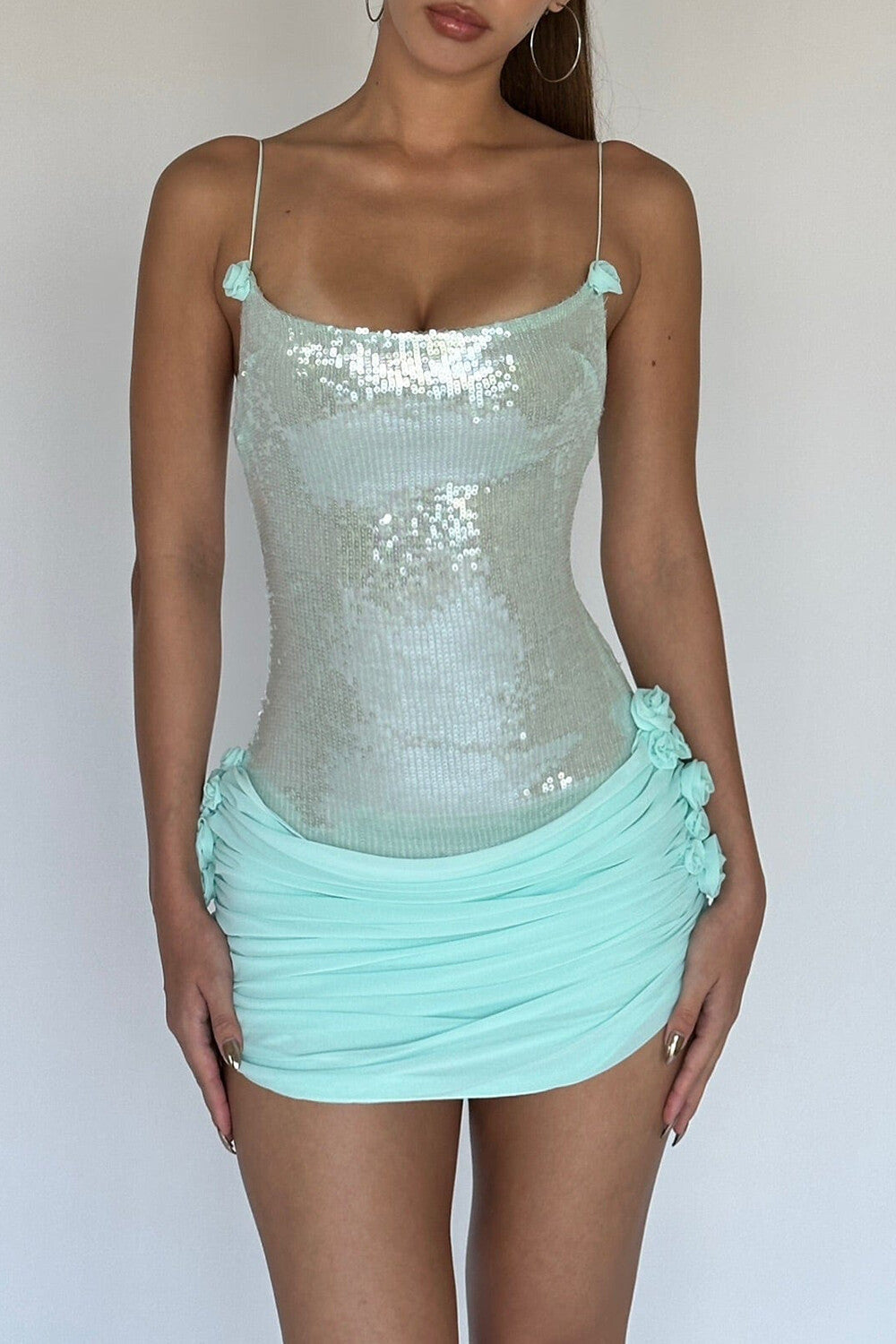 Sequin Ruched Appliqué Slip Mini Dress
