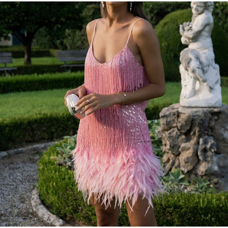 Sequin Feather Fringe Spaghetti Strap Bodycon Mini Dress