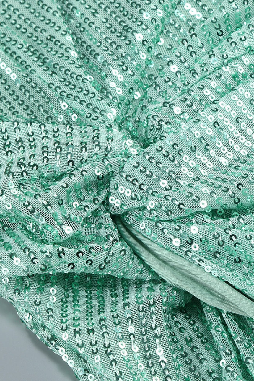 Sequin Spaghetti Strap Ruched High Split Mermaid Maxi Gown