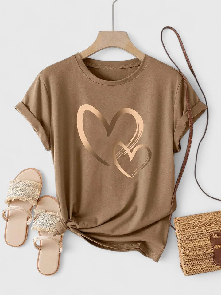 Heart Print Crew Neck Short Sleeve T-Shirt