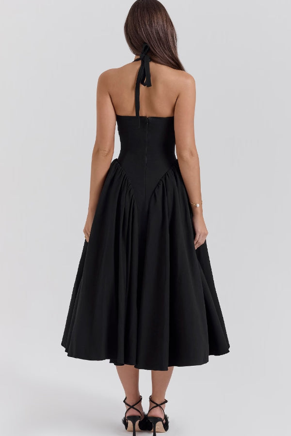 Timeless Lilly Solid a Line Halter Midi Dresses with Deep V Neck Boutique Dress Collection
