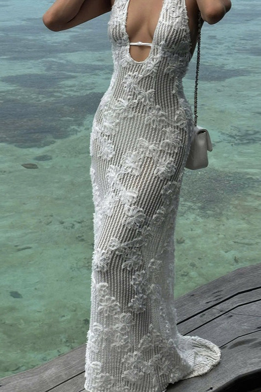 Sequin Halter Neck Deep V-Neck Keyhole Backless Maxi Dress