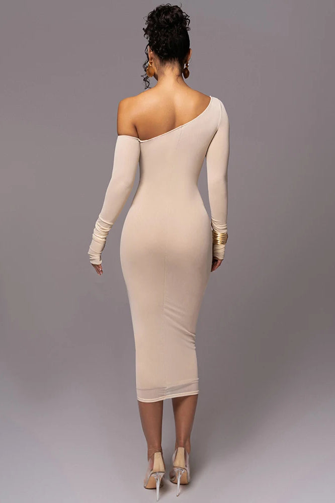 Diagonal Collar Mesh Midi Dress