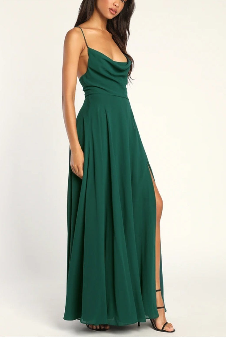 Chiffon Cowl Neck Lace Up Back High Split Maxi Dress