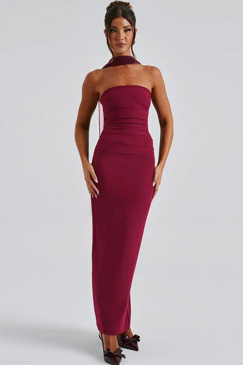 Strapless Choker Neck Ruched Sheer Glove Bodycon Maxi Dress