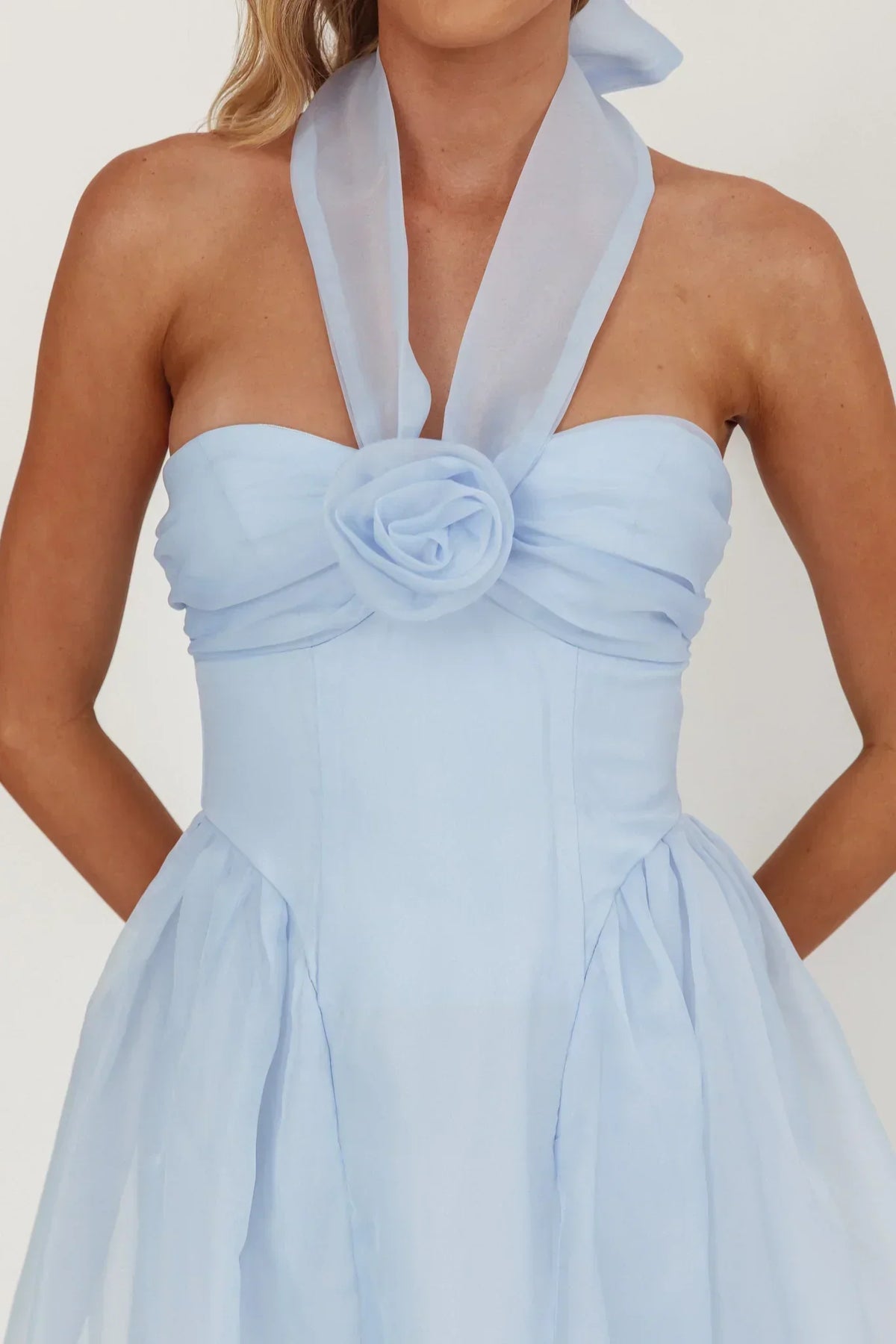 Organza Halter Rosette Sweetheart Neck A-Line Midi Dress 3