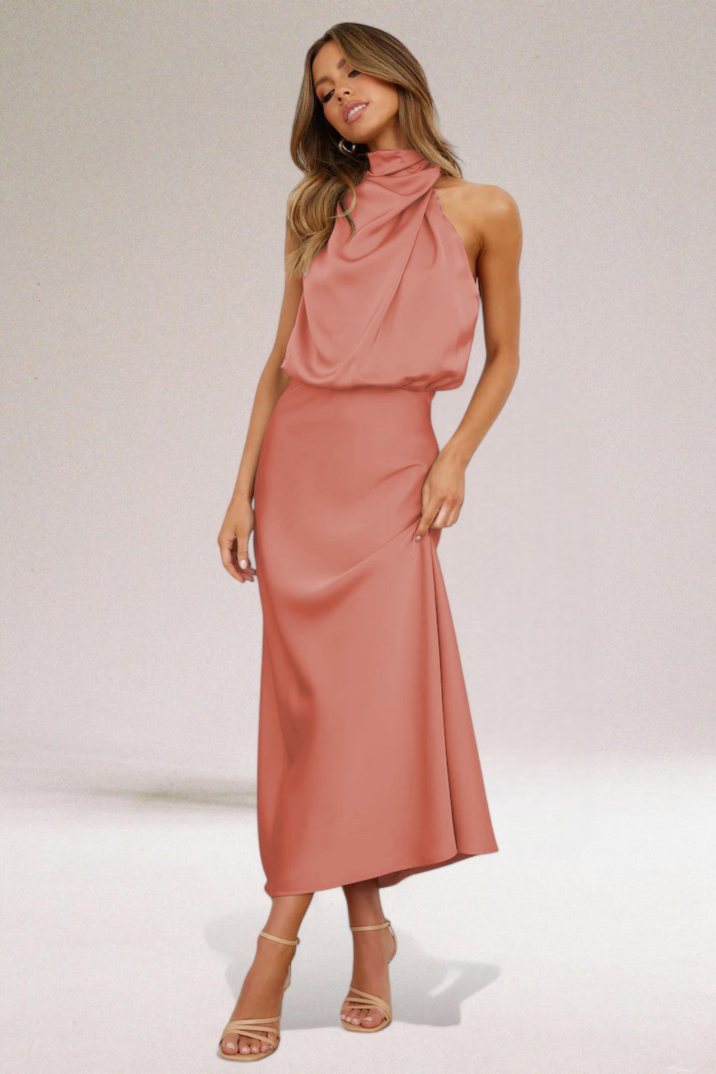 Satin High Neck One Shoulder Draped Maxi Dress