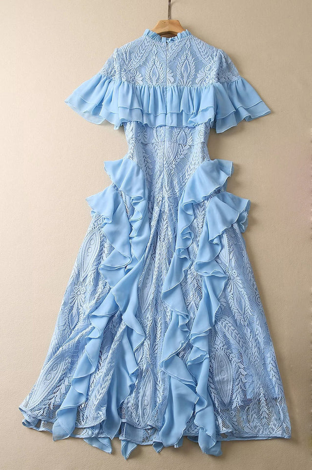 Oriana Pink Solid Lace Frill Midi Dress