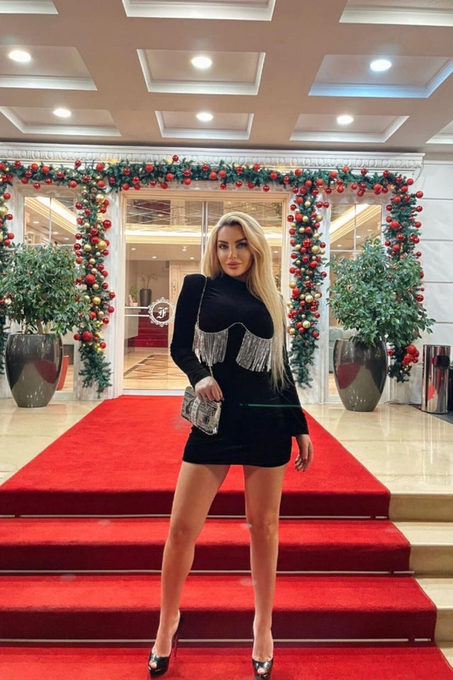 Velvet Mock Neck Long Sleeve Rhinestone Fringe Bodycon Mini Dress 11