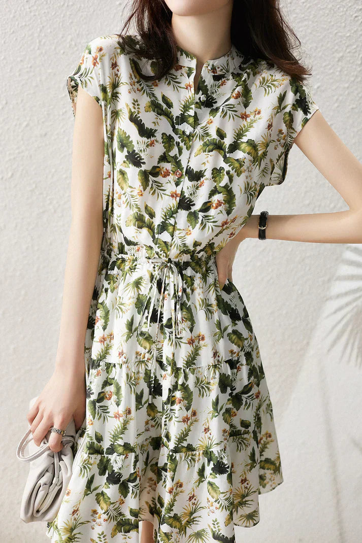 Tropical Floral Print Mandarin Collar Button Front Drawstring Tiered Maxi Dress