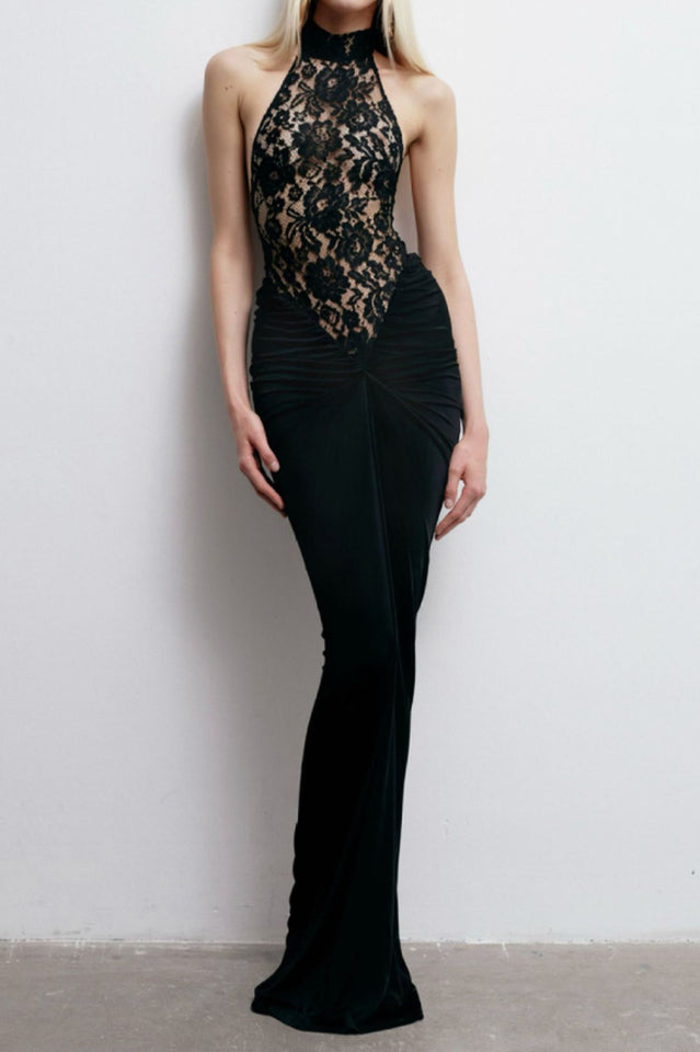Lace Halter Neck Backless Ruched Mermaid Gown