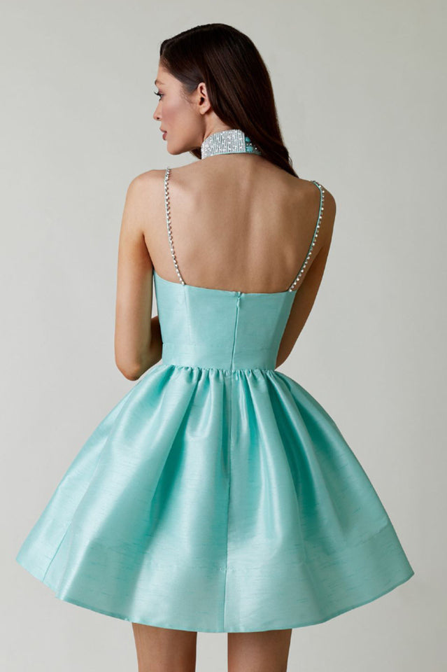 Rhinestone Spaghetti Strap Sweetheart Pleated Fit and Flare Mini Dress
