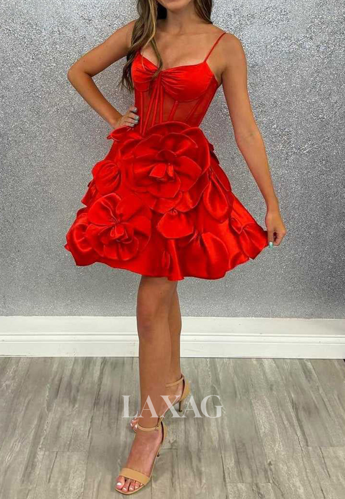 Spaghetti Straps Sweetheart Sleeveless Floral Embellished Pleated A-Line Homecoming Dress